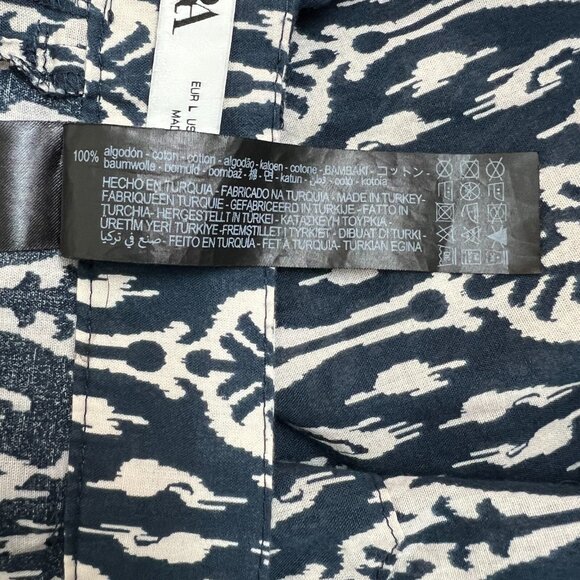 Zara Pants Womens Large Blue Off White Print Straight Leg Button Fly Lightweight - Picture 14 of 16